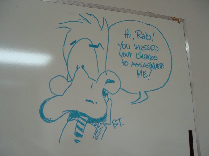 Artist's rendering of the cartoon character Mallard Fillmore - Mallard is saying Hi Rob! You missed your chance to assassinate me!